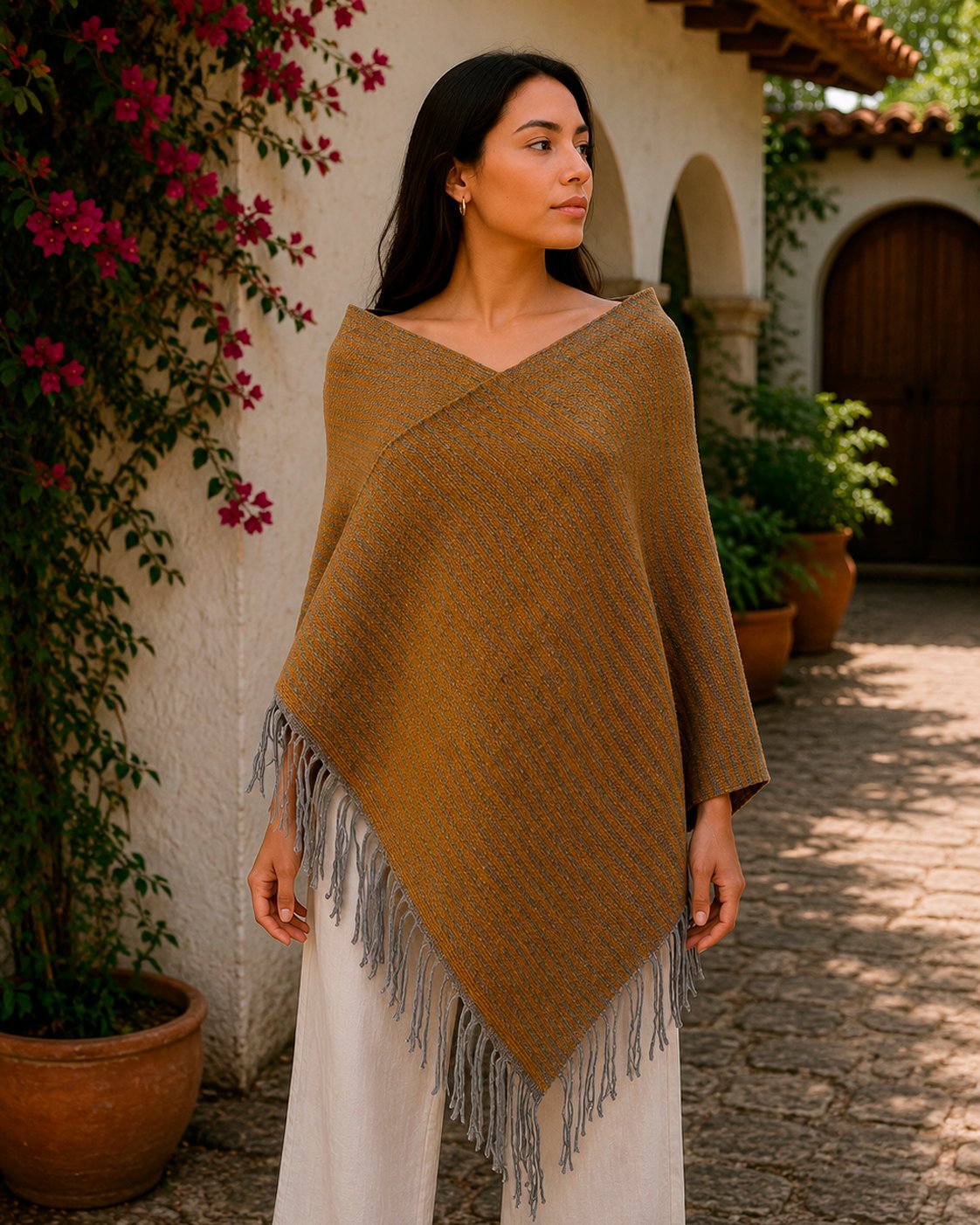 Reboso de lana en rayas gris con amarillo